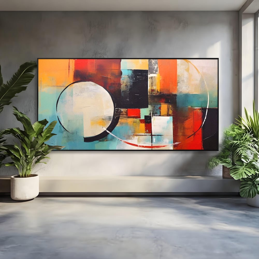 Tablou canvas cu pictura abstracta cu cercuri si linii, in rama de aluminiu negru